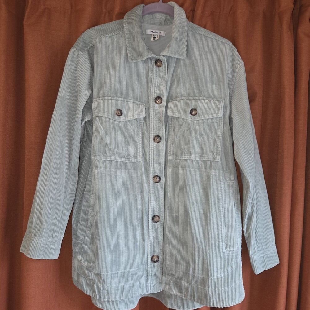 Cottagecore 100% Cotton Corduroy Button-Up Shirt Jacket S Light Green Collared